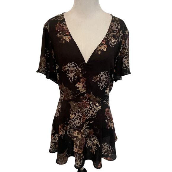 Torrid Black Floral Peplum Blouse Womens Size 2X V-Neck Semi Sheer Top - Picture 1 of 7